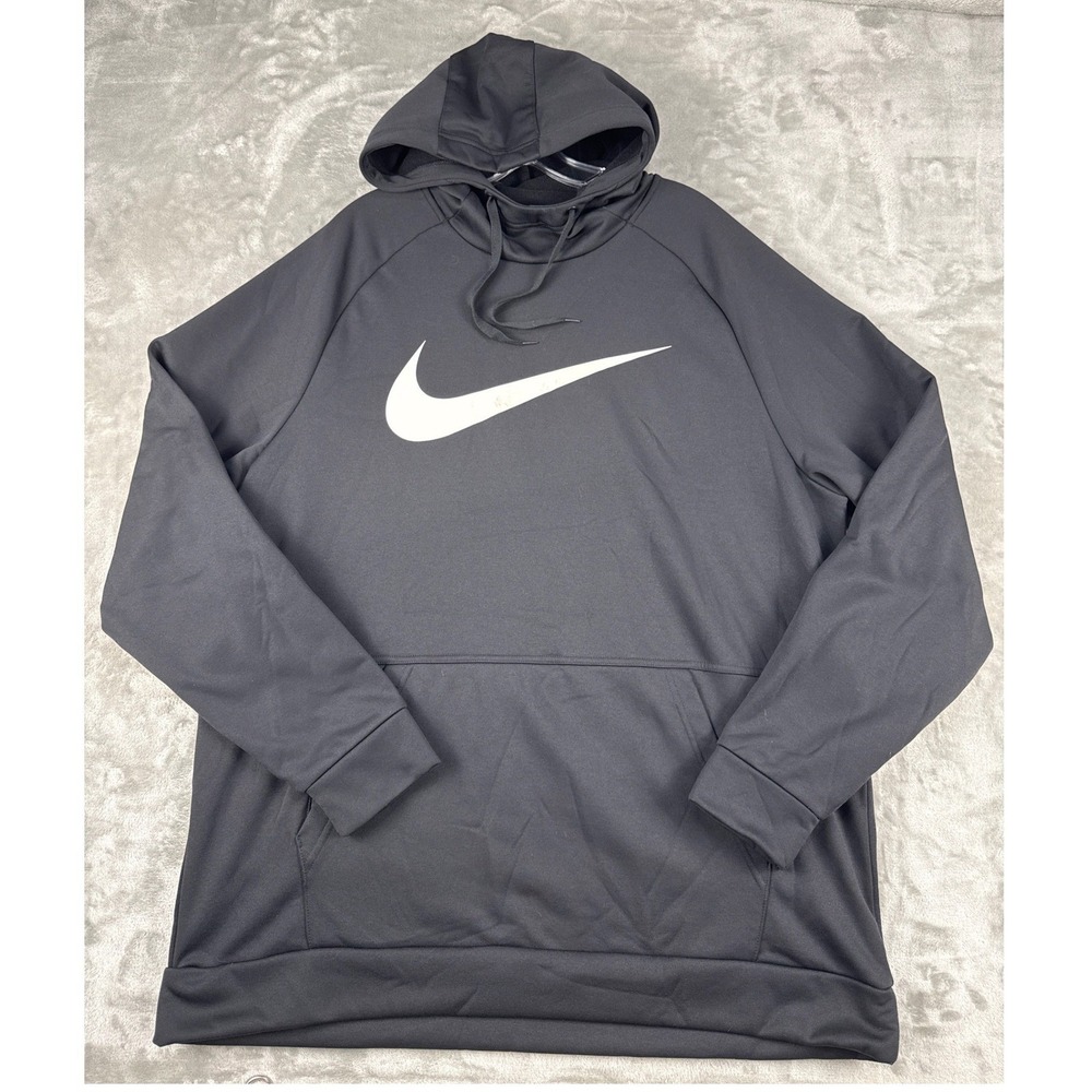 Nike Therma-FIT Mens XL Black Pullover Hoodie White Swoosh Logo 624222-010